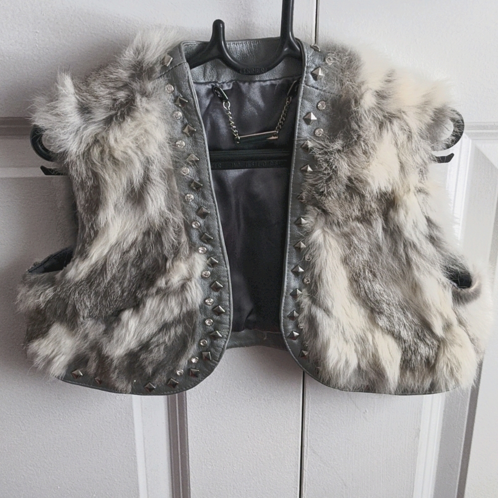 Girls angora fur and leather cropped vest